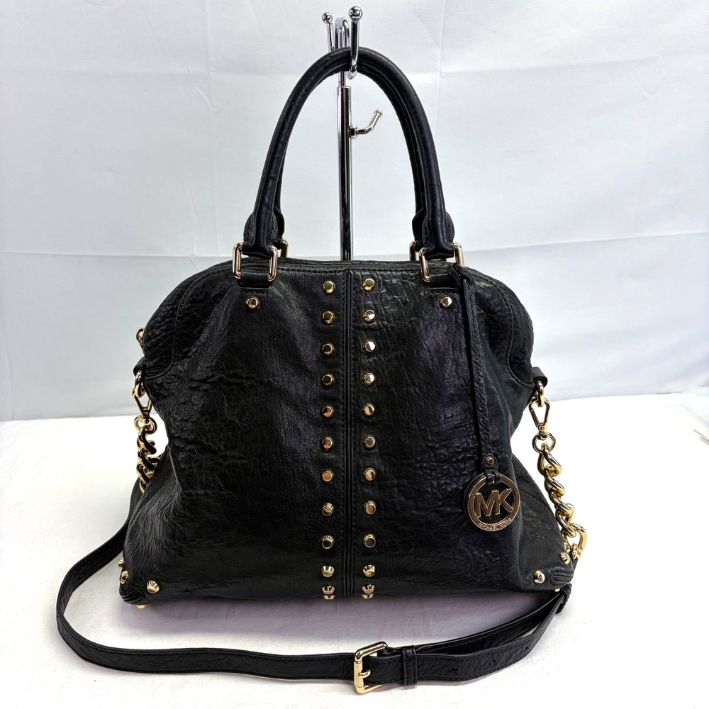 Michael Kors Handbag Uptown Astor Satchel Handbag Black Studded Leather Edgy